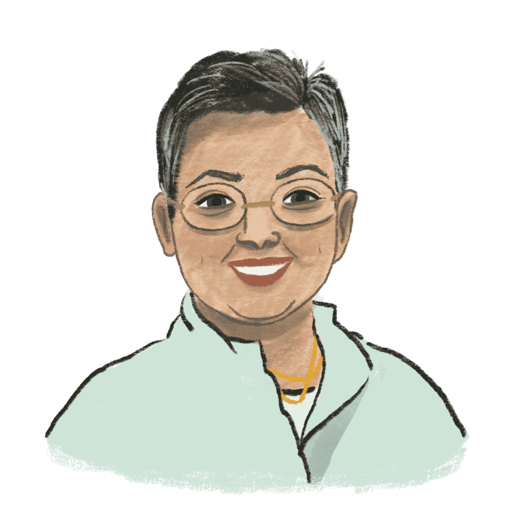 An illustration of our clinical lead trustee, Rima Hawkins. A smiling Asian lady in her mid-50s, with glasses, shorter black hair and wearing a light blue shirt.